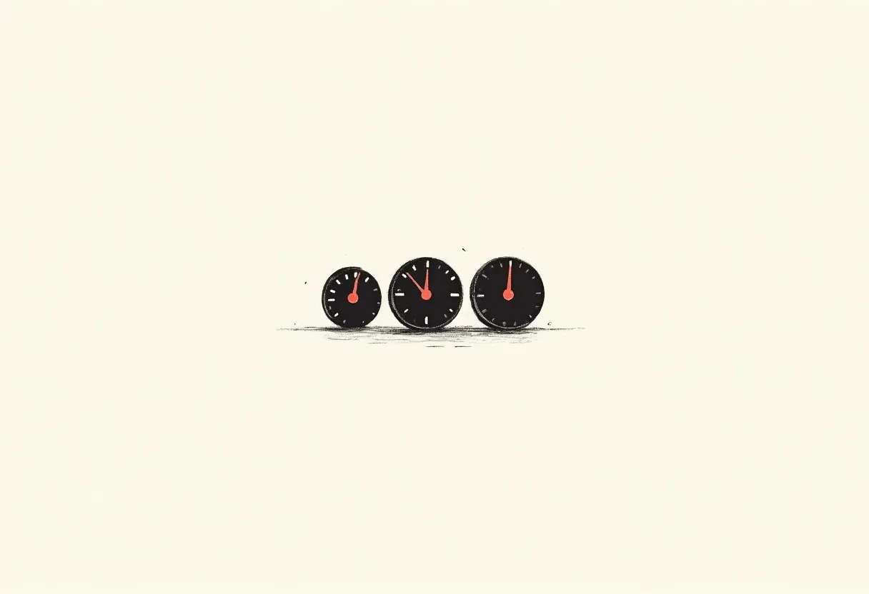 Three hand-drawn kitchen timers of increasing size in a row