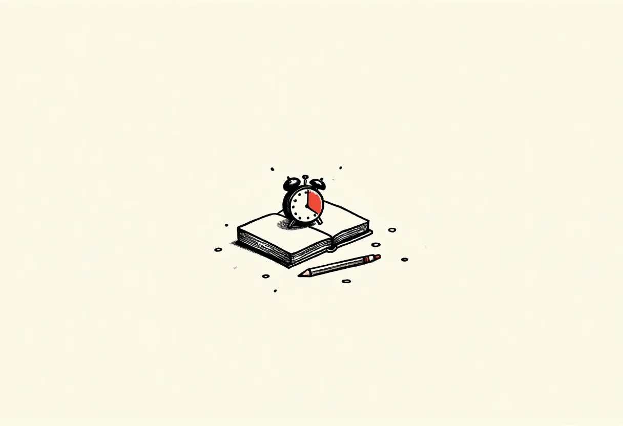 A hand-drawn kitchen timer resting on an open book with a pencil